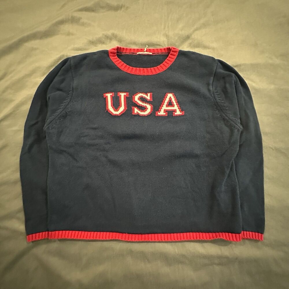 Vintage Crystal Kobe USA Sweater Womens L Knit Cotton Pullover Navy 00s 90s Y2K